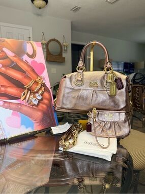 Coach Metallic Rose Leather Satchel with Gold Hardware and wristlet M0869-13249